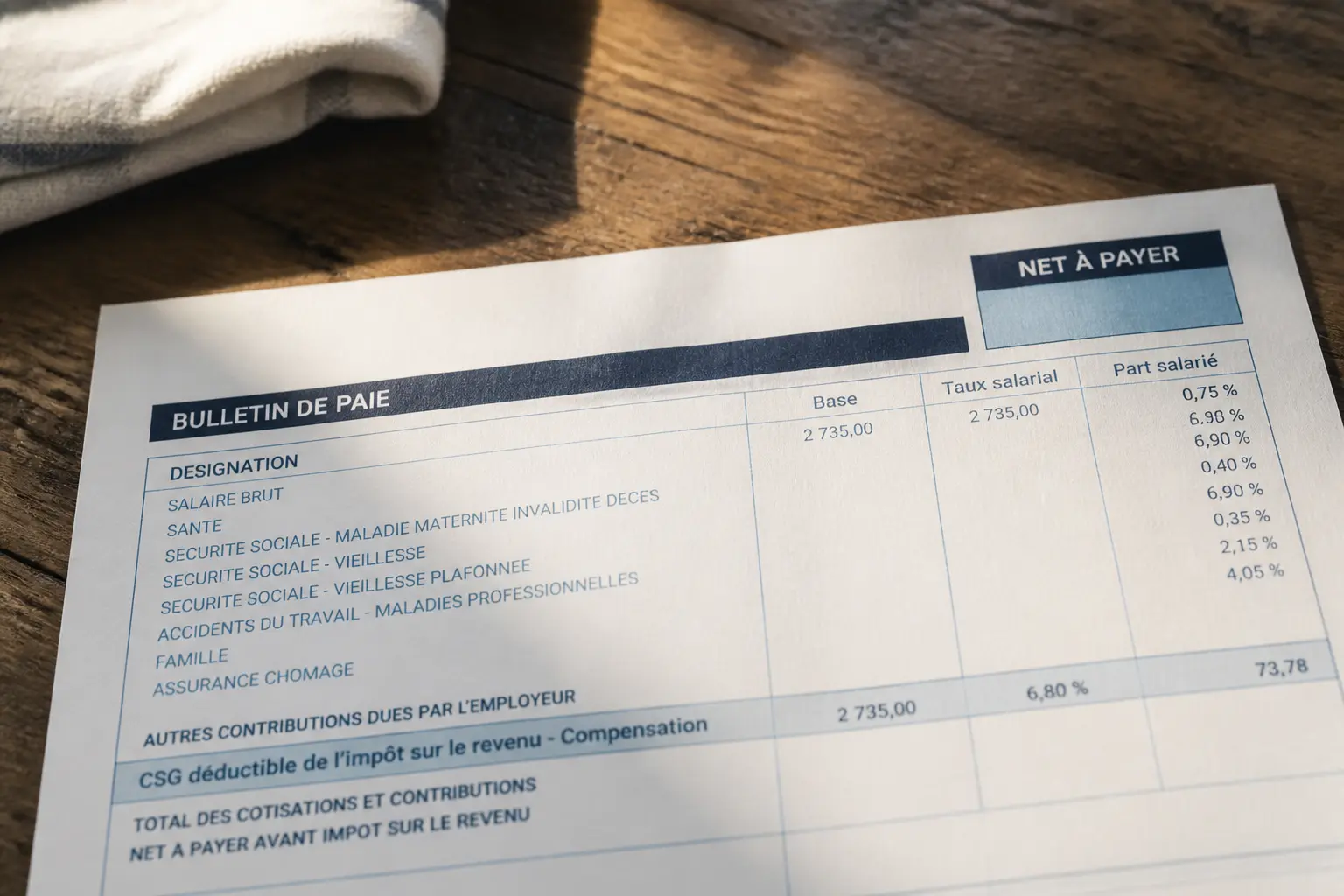 Gros plan d’un bulletin de paie français sur bureau en bois, ligne indemnités compensatrice csg visible, lumière douce du matin