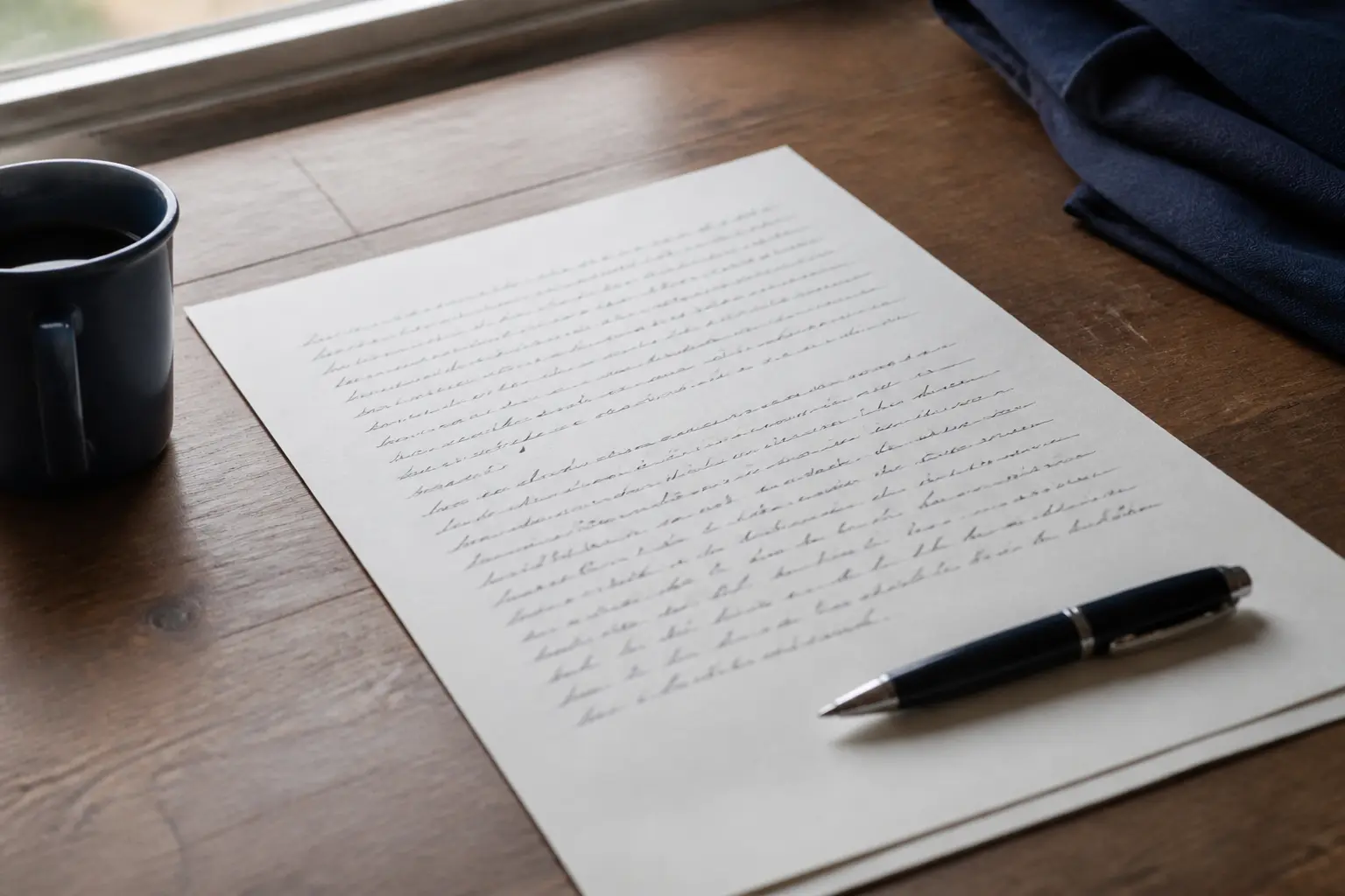 Lettre de motivation aide soignante manuscrite sur bureau en bois près d’une fenêtre, lumière douce du matin
