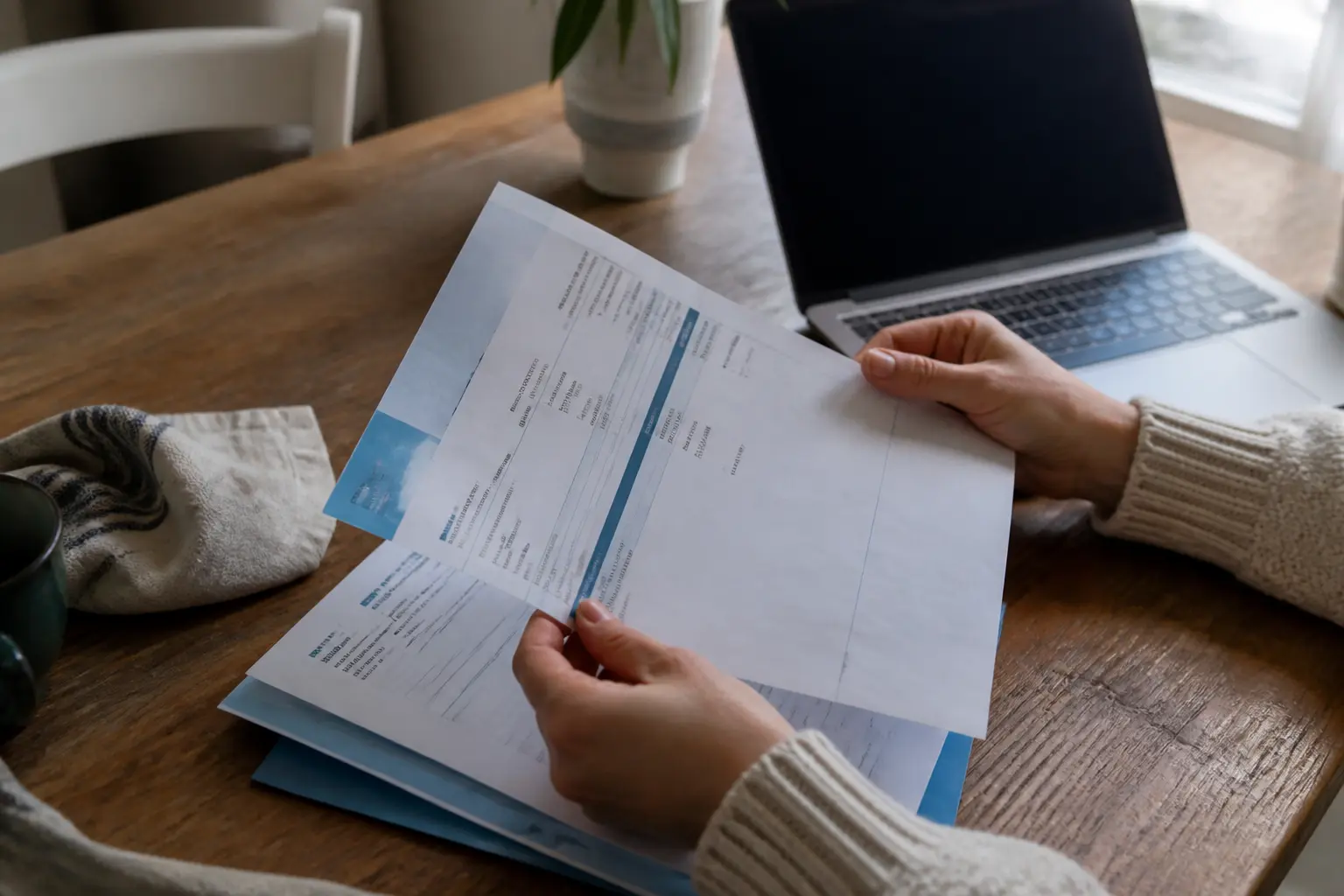 Virement caf effectué mais rien sur mon compte : mains vérifiant un relevé bancaire sans entrée de transfert sur une table de cuisine.