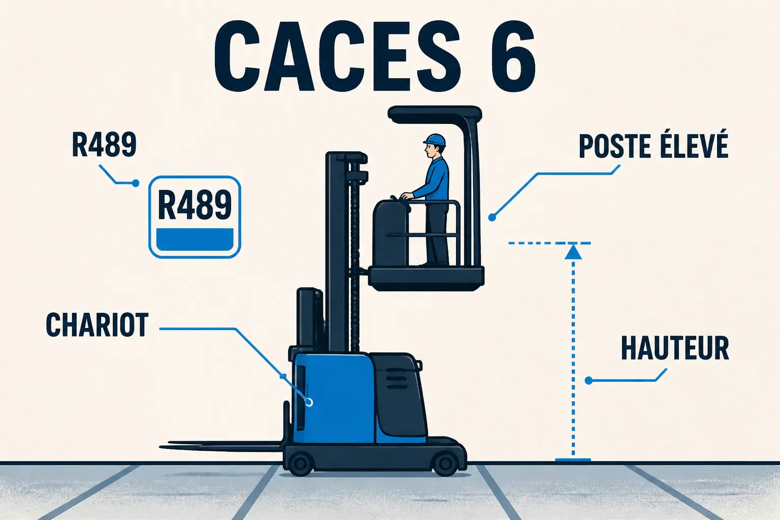Infographie caces 6 montrant un chariot à poste élevé, badge R489 et repère de hauteur