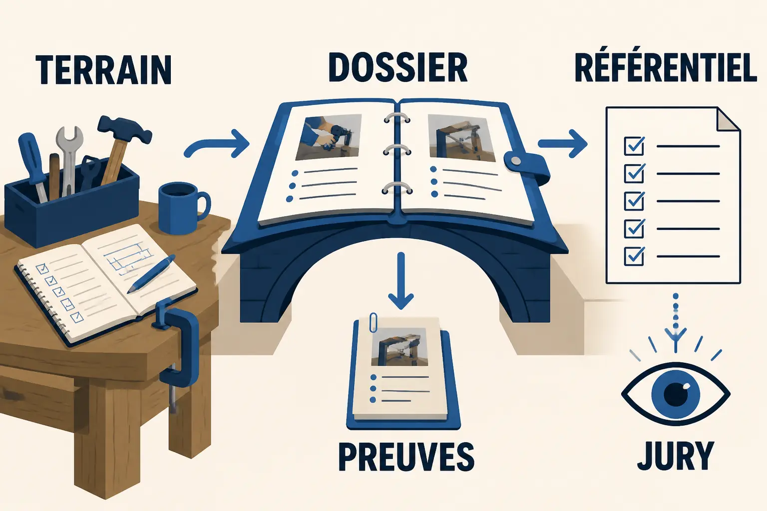 Dossier professionnel en pont entre outils de terrain et checklist de certification, style infographie.