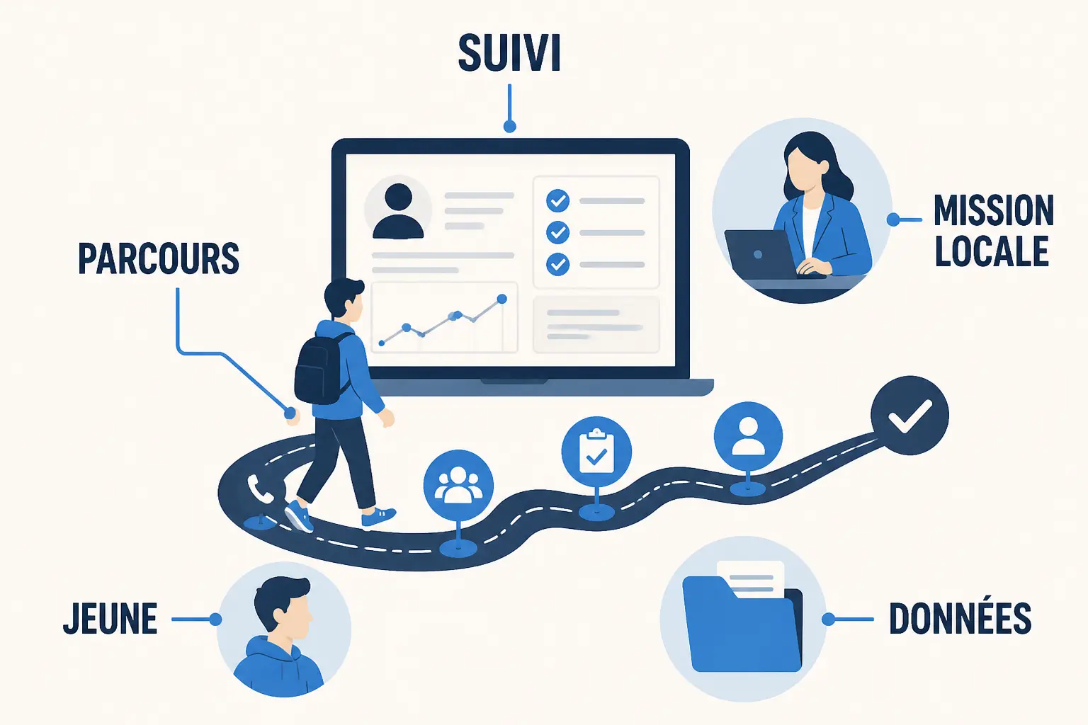 Infographie i milo : parcours d’un jeune suivi par un tableau de bord et une timeline partagée.