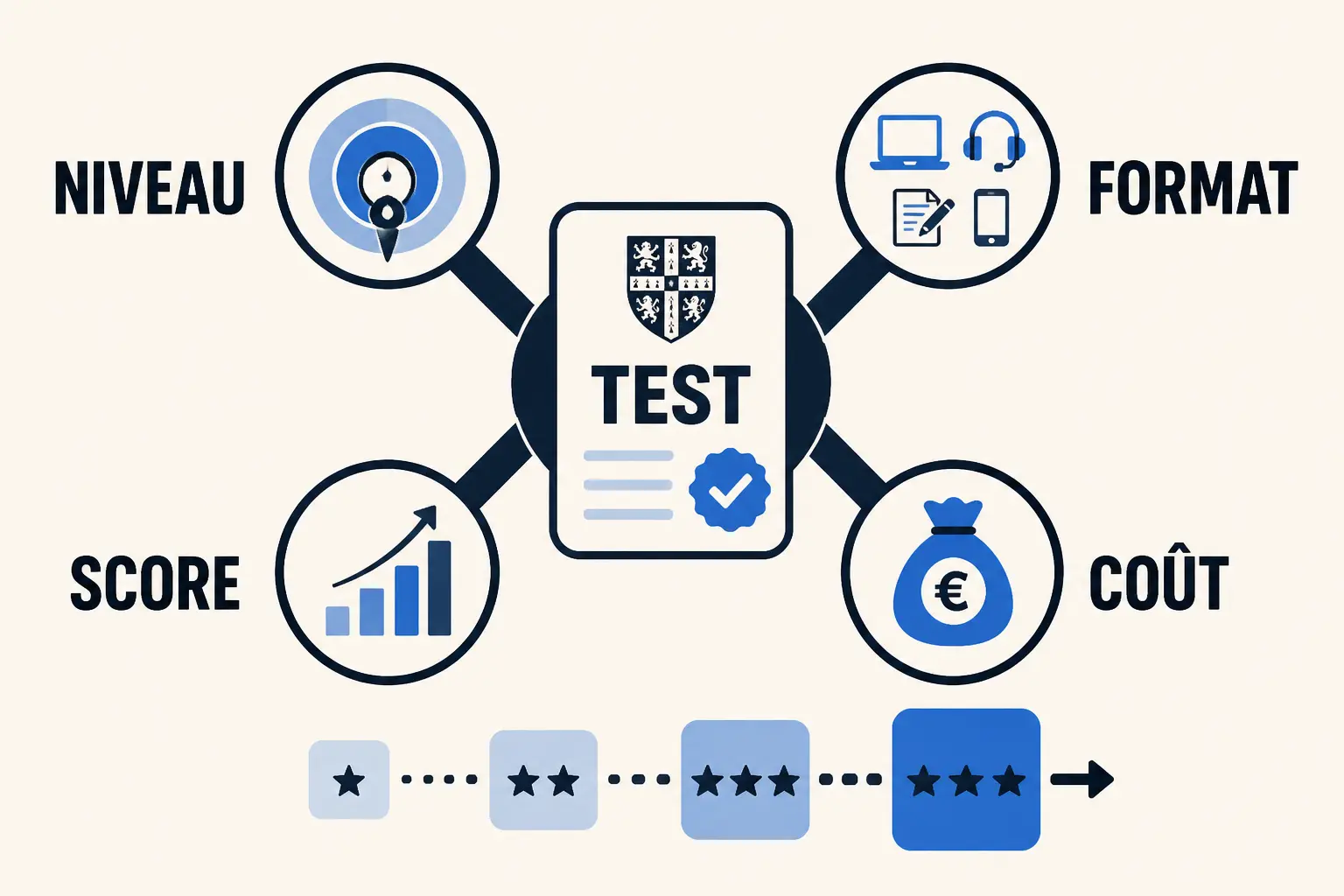 Infographie linguaskill montrant un test d’anglais flexible avec niveau, format, score et coût.
