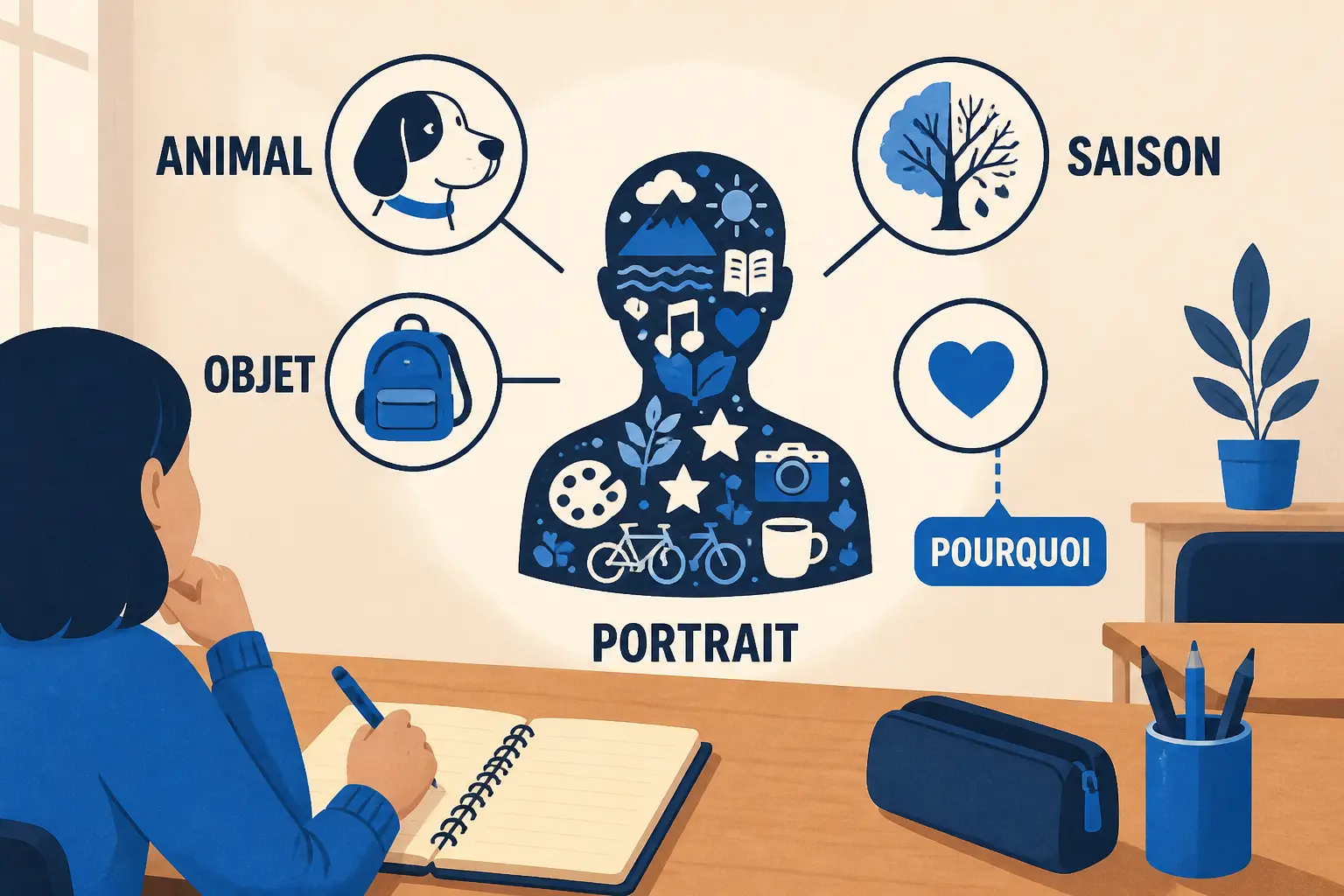 Infographie éducative sur le portrait chinois exemple, silhouette centrale et bulles d’analogies illustrées.