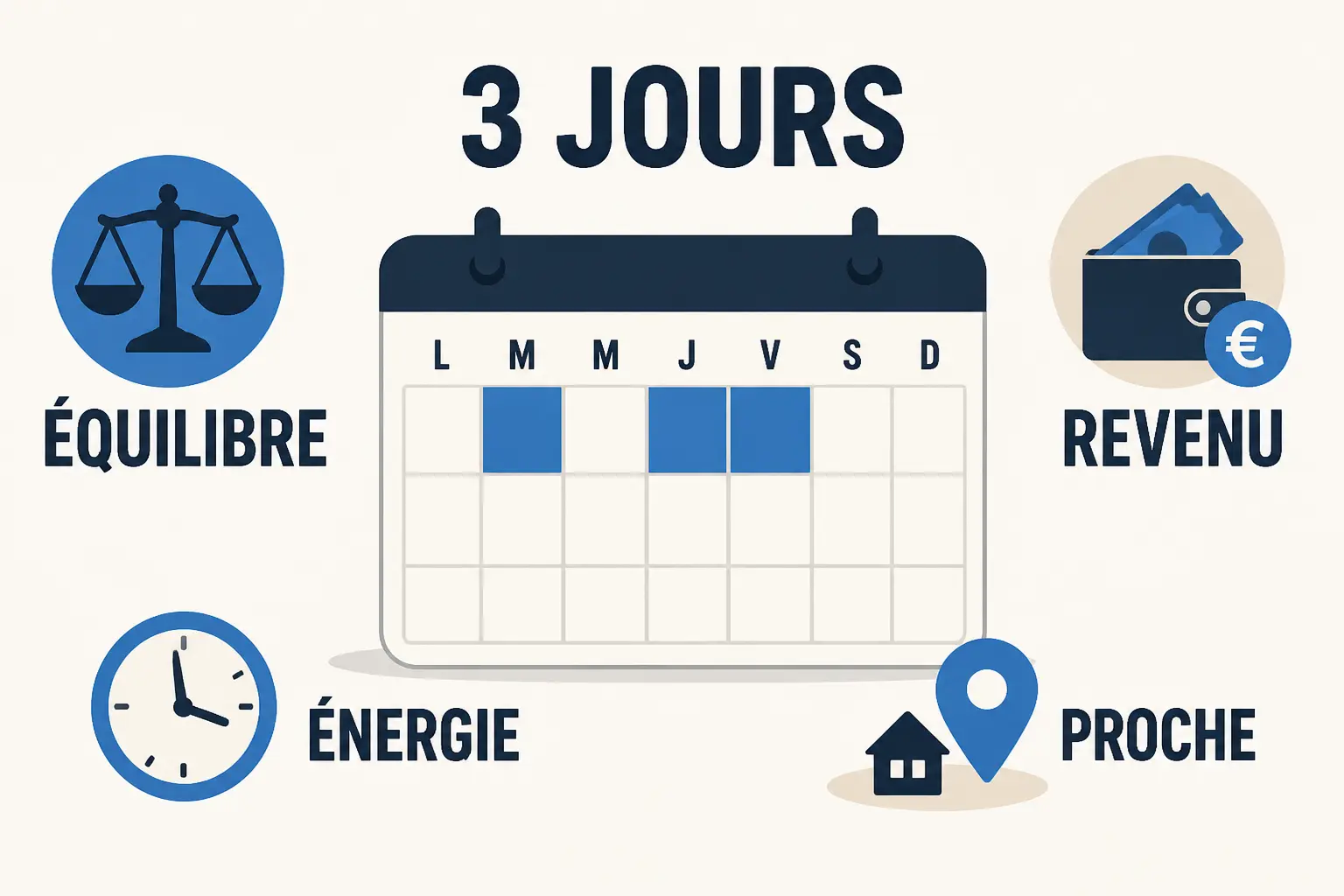 Infographie d’emploi pour retraités 3 jours/semaine avec calendrier, balance, horloge et repère proche.