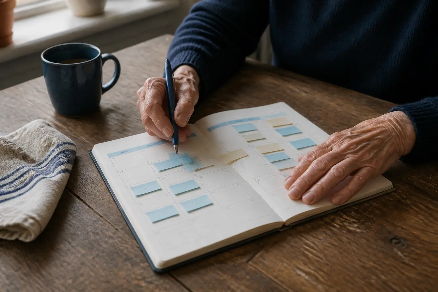 Mains de retraité organisant un planning hebdomadaire à la table, illustrant un emploi pour retraités 3 jours/semaine.
