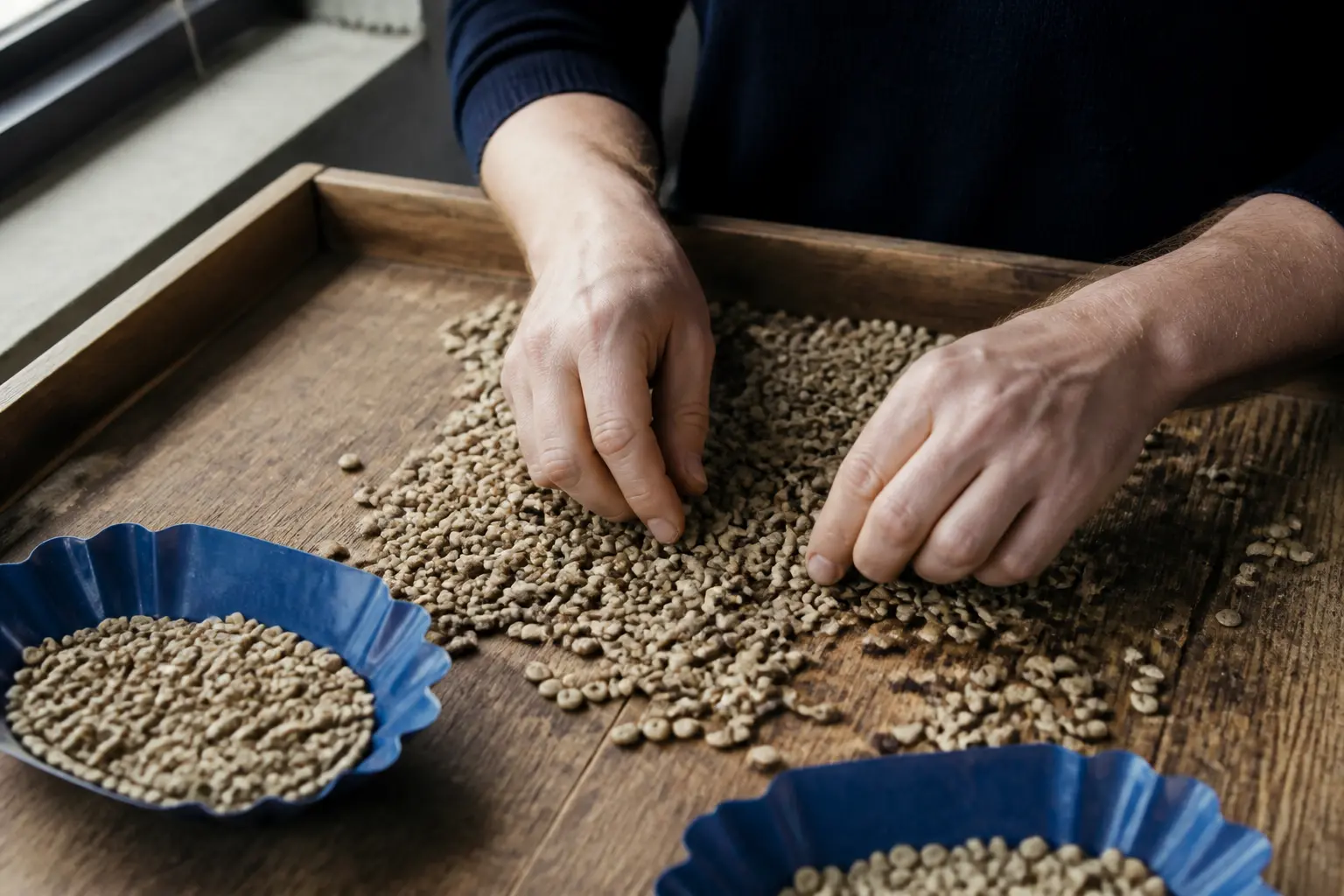 Mains triant des grains de café issus du commerce équitable def dans un atelier de torréfaction, lumière douce du matin