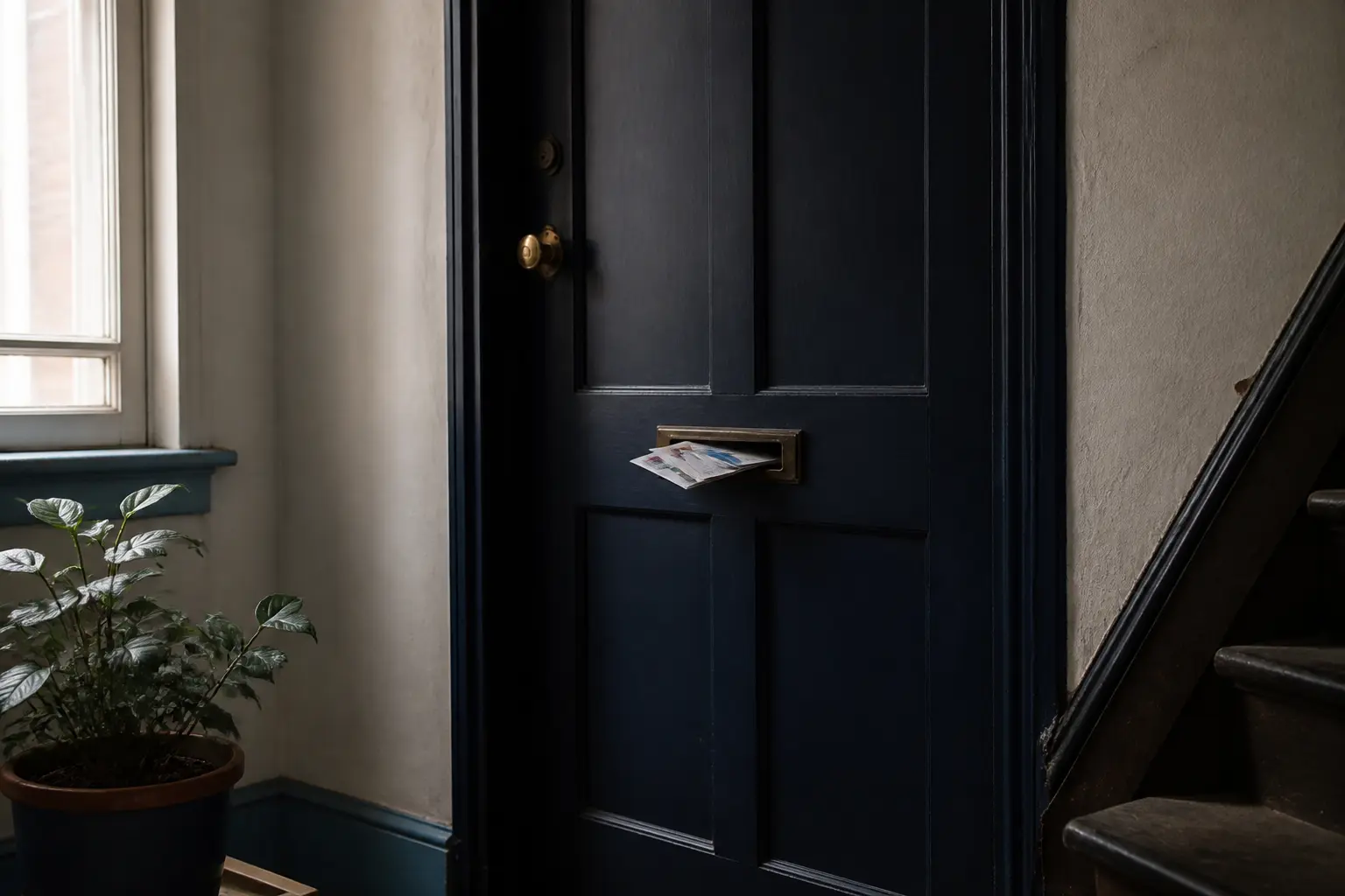 Couloir d’immeuble ancien avec porte d’appartement fermée et boîte aux lettres, illustrant la loi silence.