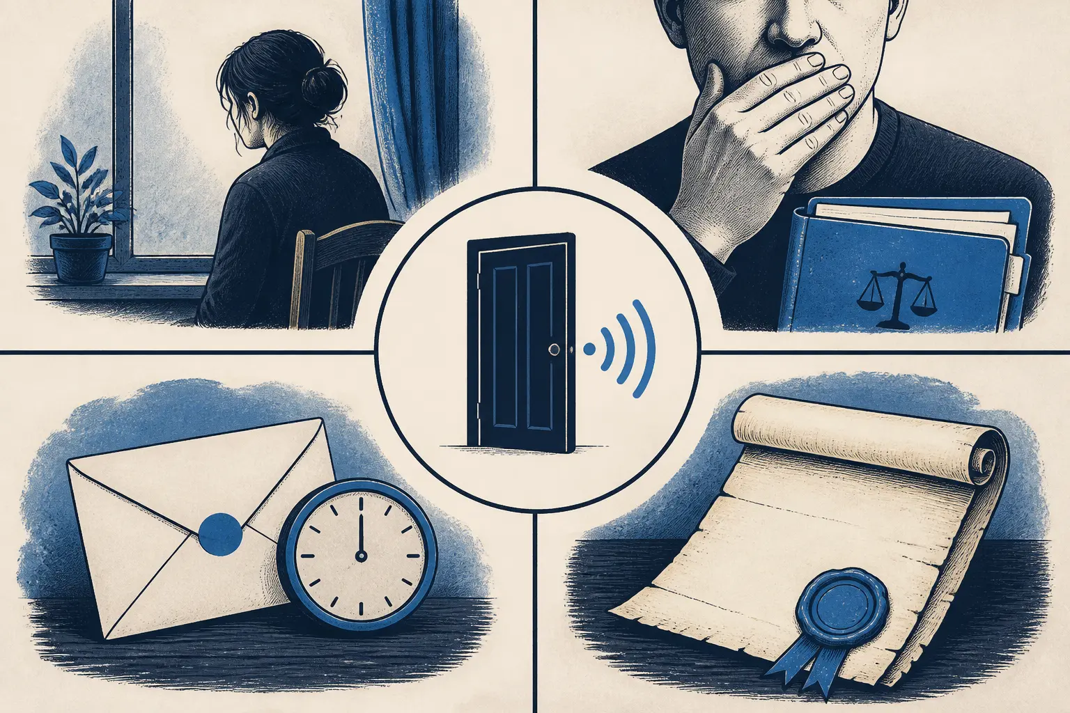 Infographie sur la loi silence : quatre sens distincts autour d’un cercle central, porte close, main sur la bouche, enveloppe, parchemin scellé