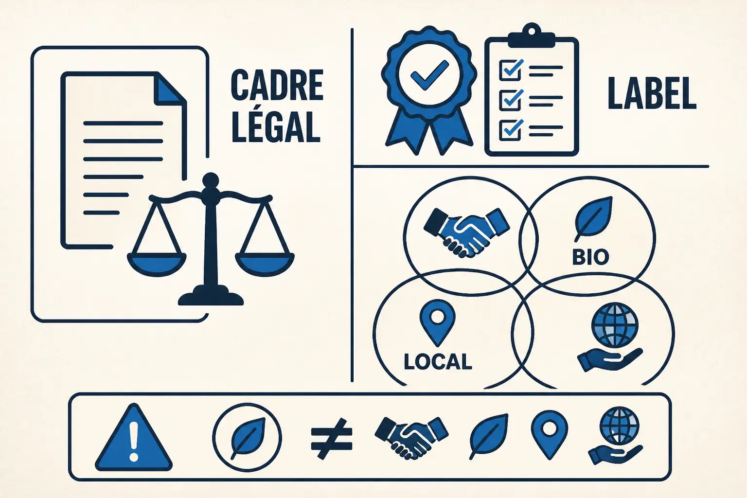 Infographie sur le commerce équitable def : cadre légal, label, bio et local comparés avec icônes et avertissement logo