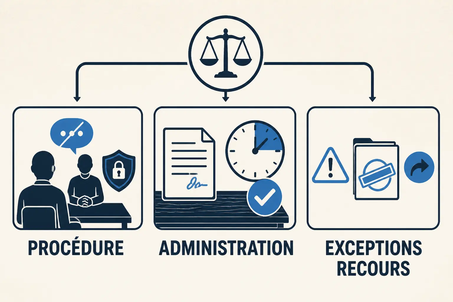Infographie loi silence : procédure pénale, administration et exceptions/recours sur le silence juridique.