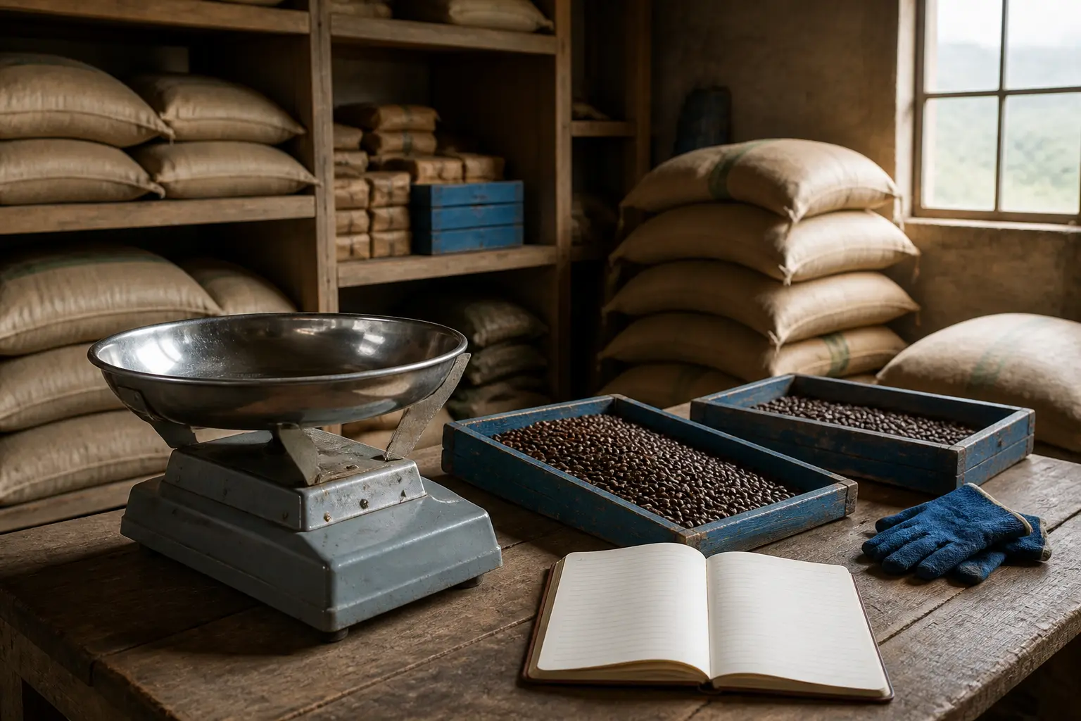 Commerce équitable def : coopérative caféière rurale, sacs de jute, balance, grains triés et carnet, lumière douce.