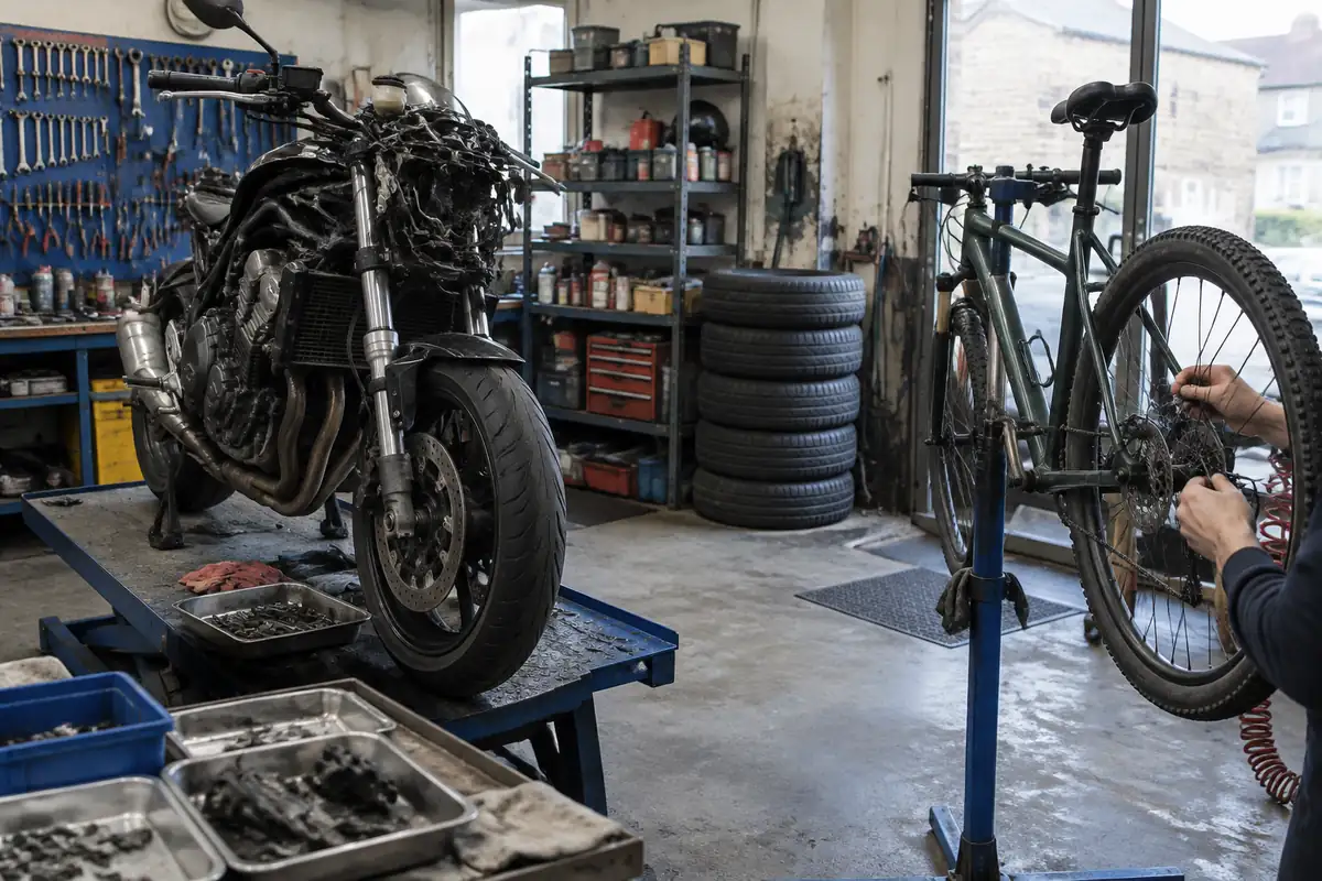 Atelier de réparation avec une moto démontée sur un établi et un vélo sur un pied de réparation