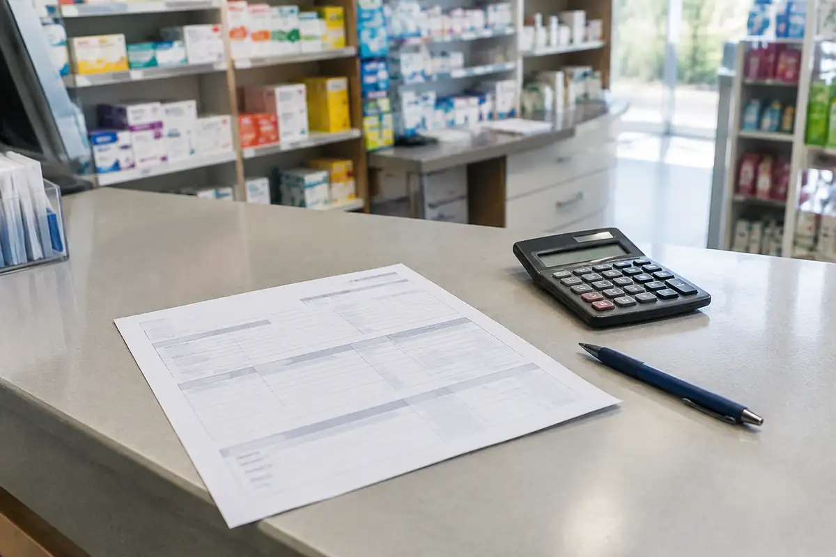 Bulletin de paie posé sur un comptoir de pharmacie à côté d'une calculatrice