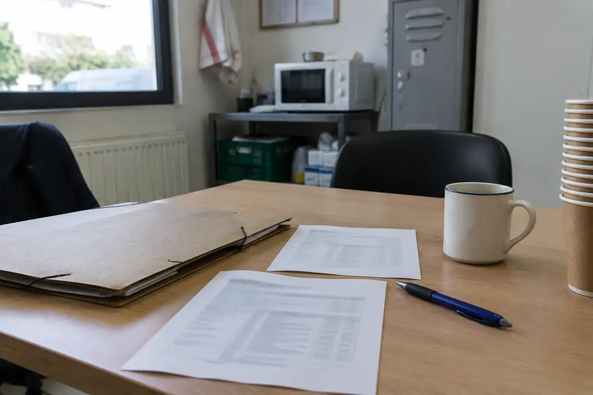Dossier cartonné et feuilles imprimées sur la table d'un local du personnel