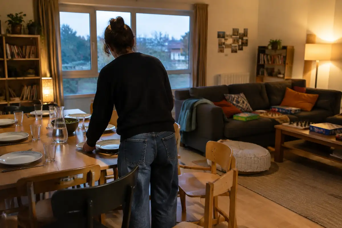 Éducatrice de dos mettant la table dans la salle commune d'un foyer en soirée