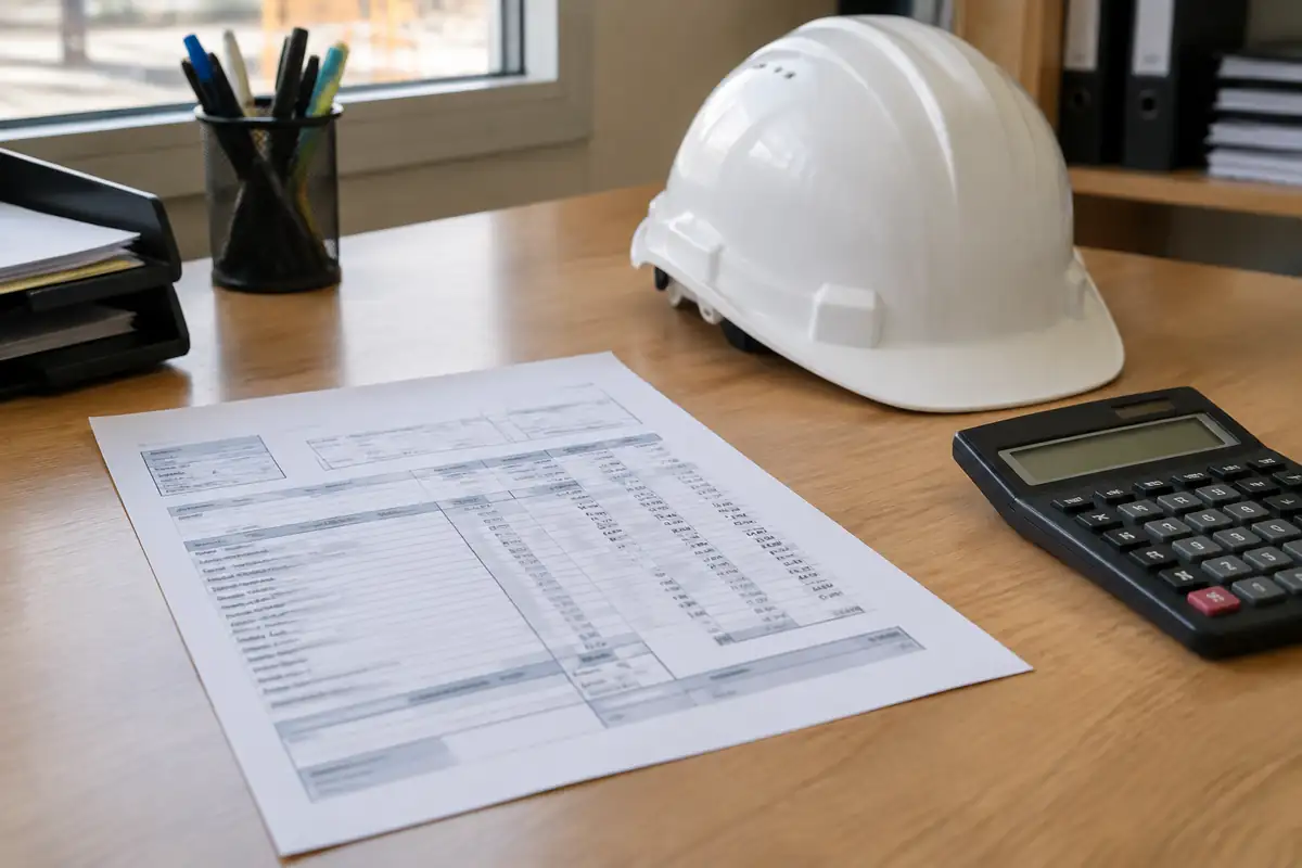 Bulletin de paie, casque de chantier et calculatrice sur un bureau