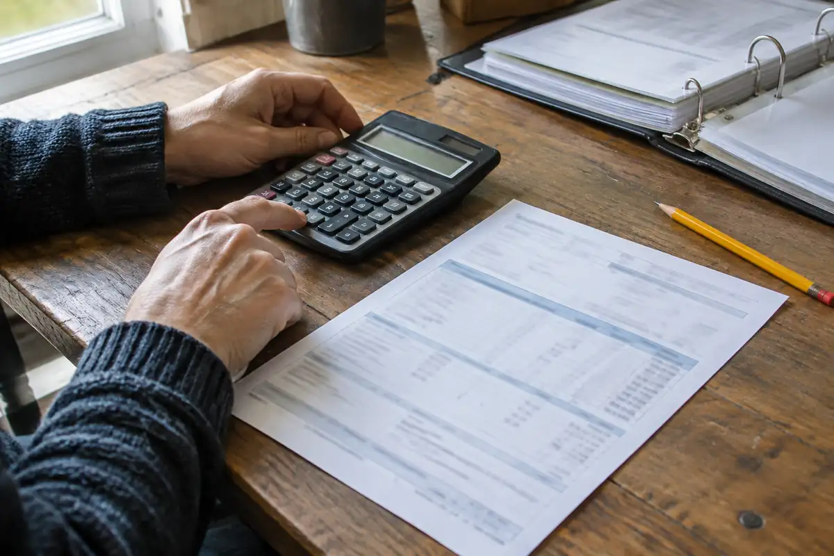Deux mains utilisent une calculatrice à côté d'une fiche de paie et d'un classeur sur une table de bureau en bois