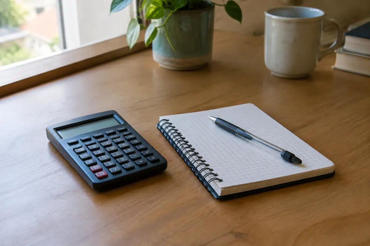 Calculatrice et carnet avec un stylo posés sur un bureau en bois