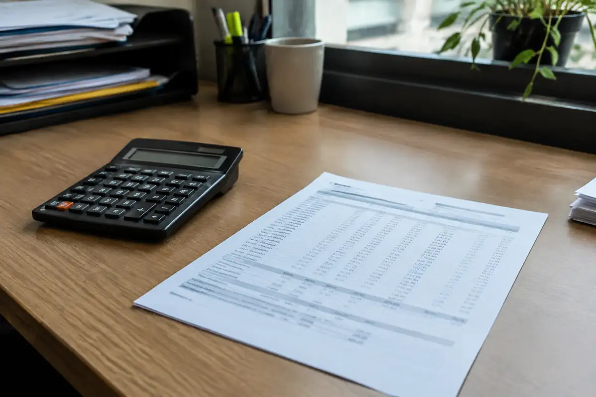 Calculatrice et feuillet de paie aux chiffres illisibles sur un bureau