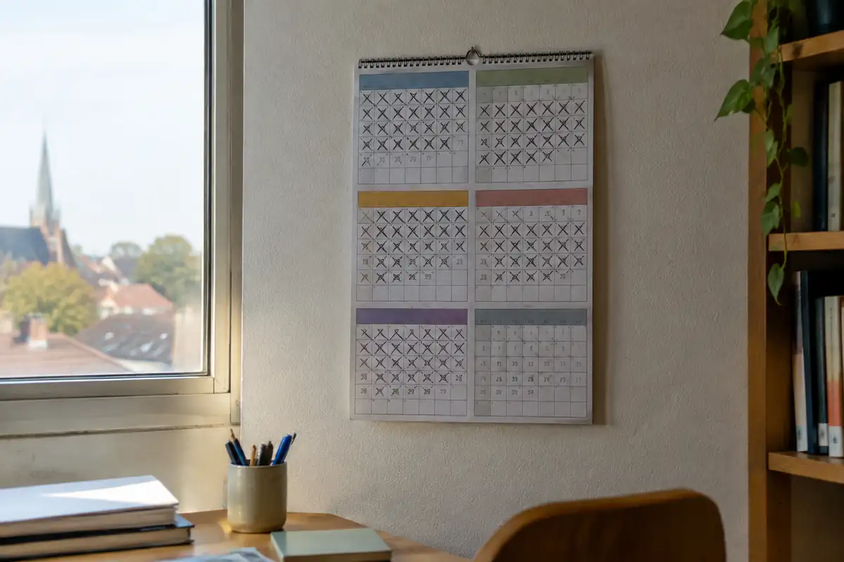Calendrier mural dont plusieurs mois sont rayés