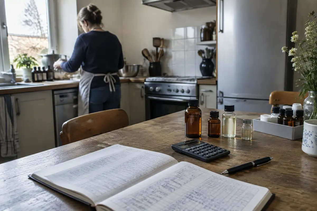 Carnet de commandes ouvert, calculatrice et flacons sans étiquette sur une table de cuisine