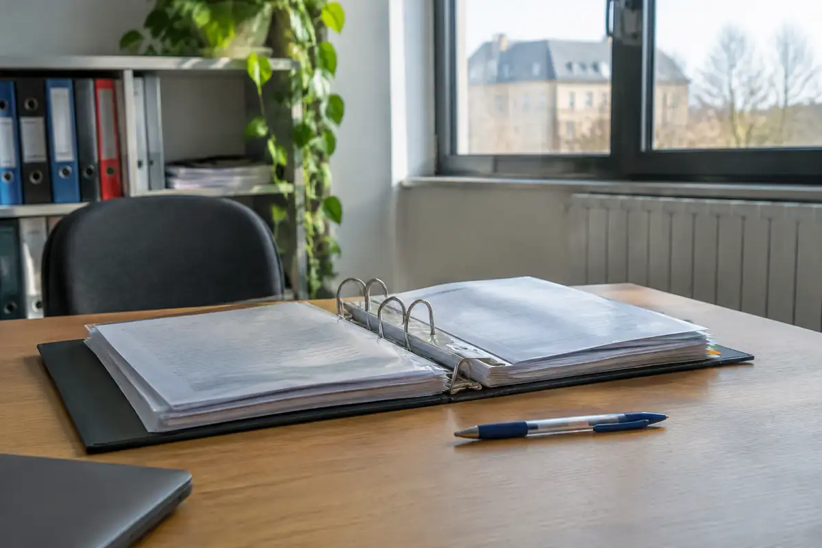 Classeur de documents ouvert et stylo posés sur une table