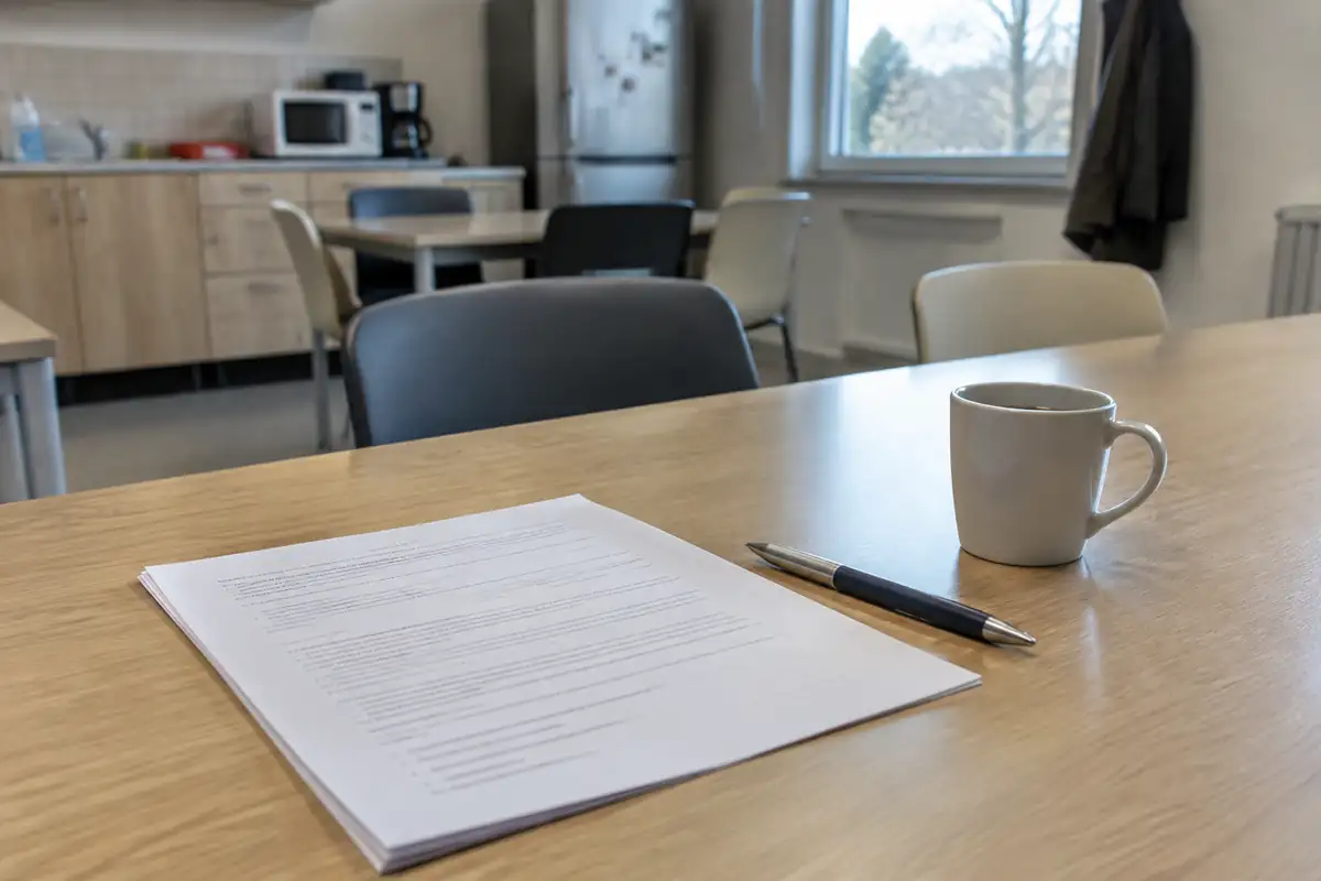 Contrat de travail posé sur une table de salle de pause avec un stylo et une tasse de café