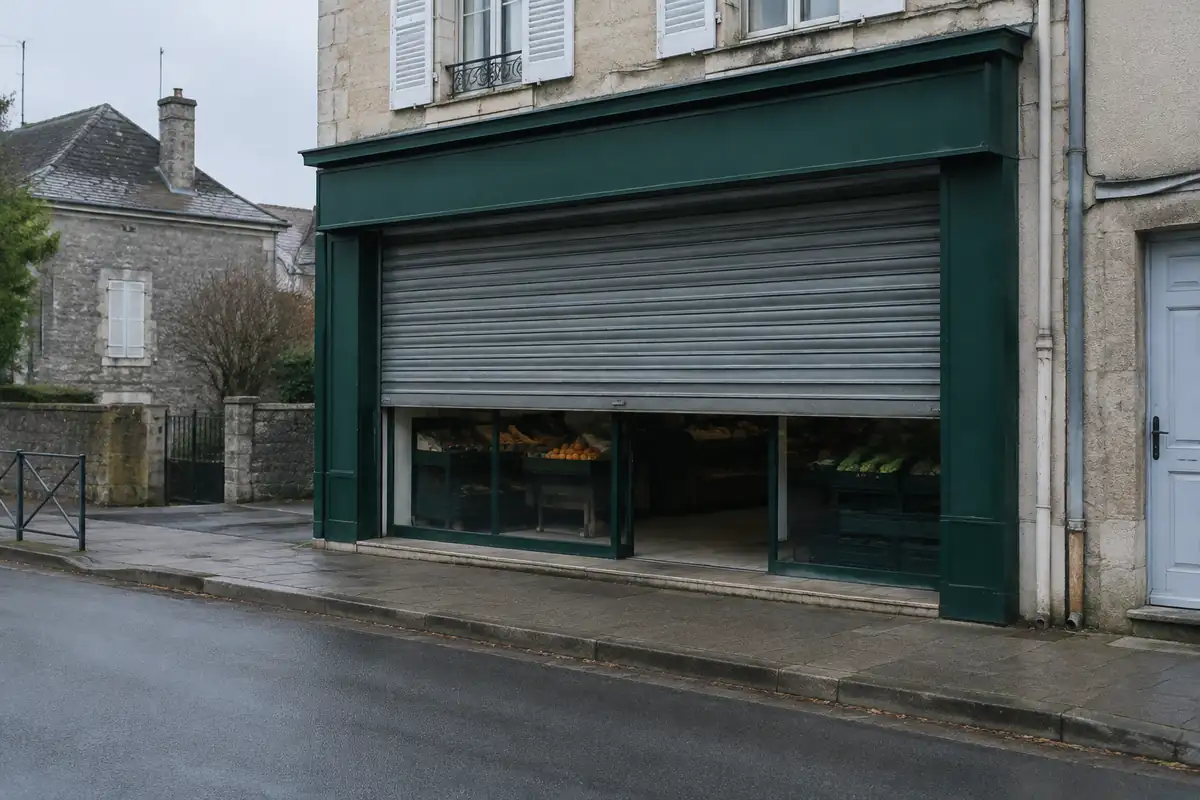 Devanture de commerce fermée un dimanche matin, rideau métallique à demi baissé