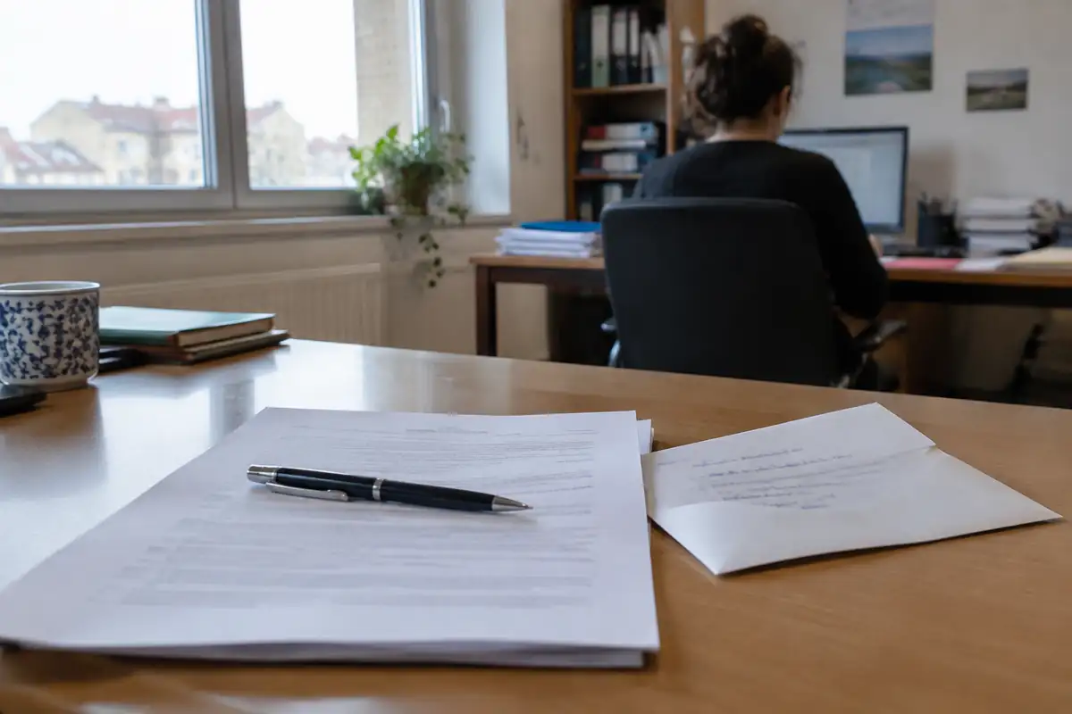 Contrat de travail et lettre sous enveloppe posés sur un bureau