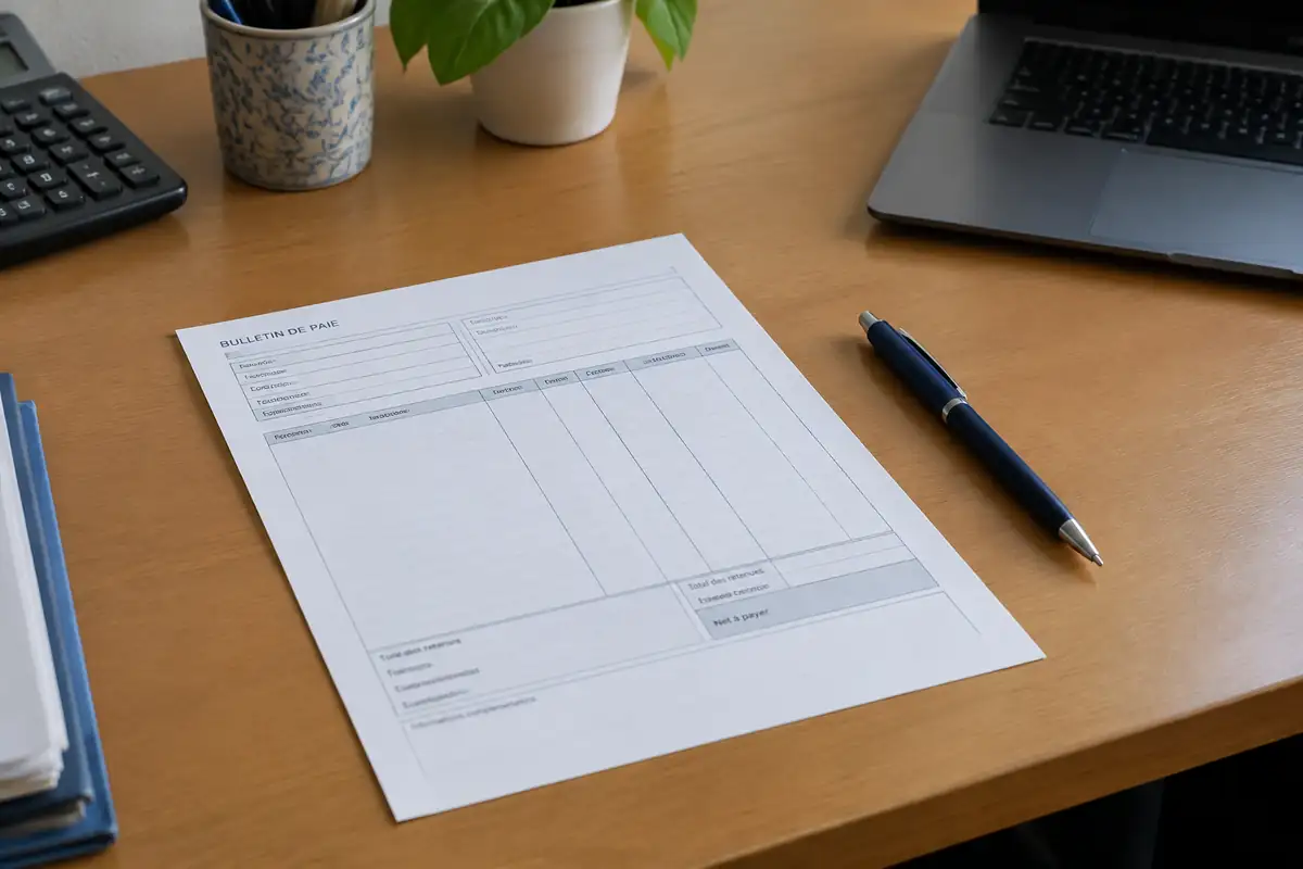 Fiche de paie vierge posée sur un bureau à côté d'un stylo