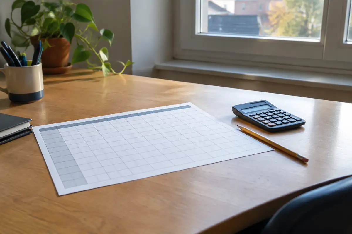 Feuille de planning annuel quadrillée, calculatrice et crayon posés sur un bureau près d'une fenêtre