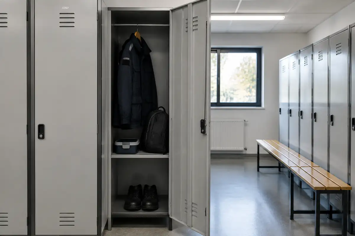 Casier de vestiaire avec une tenue d'agent de sécurité, un sac et des chaussures